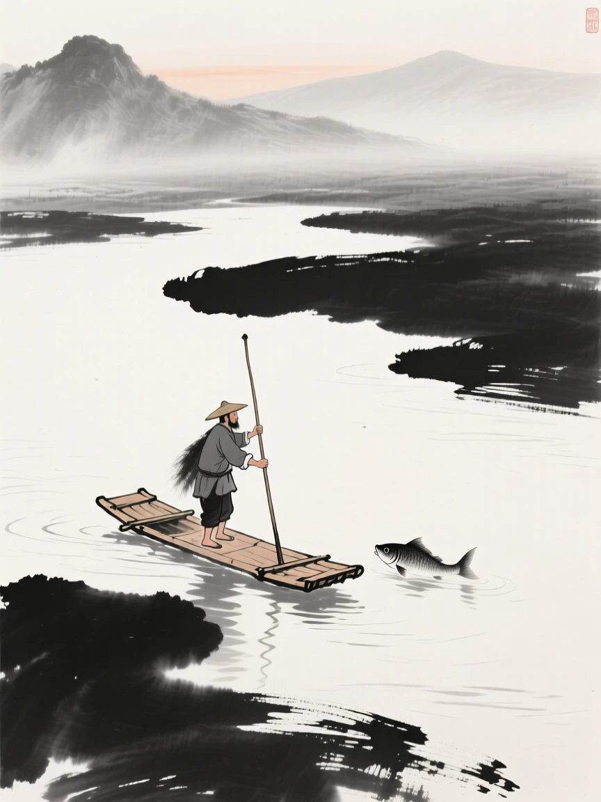 A fisherman poles his raft slowly along a calm river, with mountains fading into the haze beyond the water.