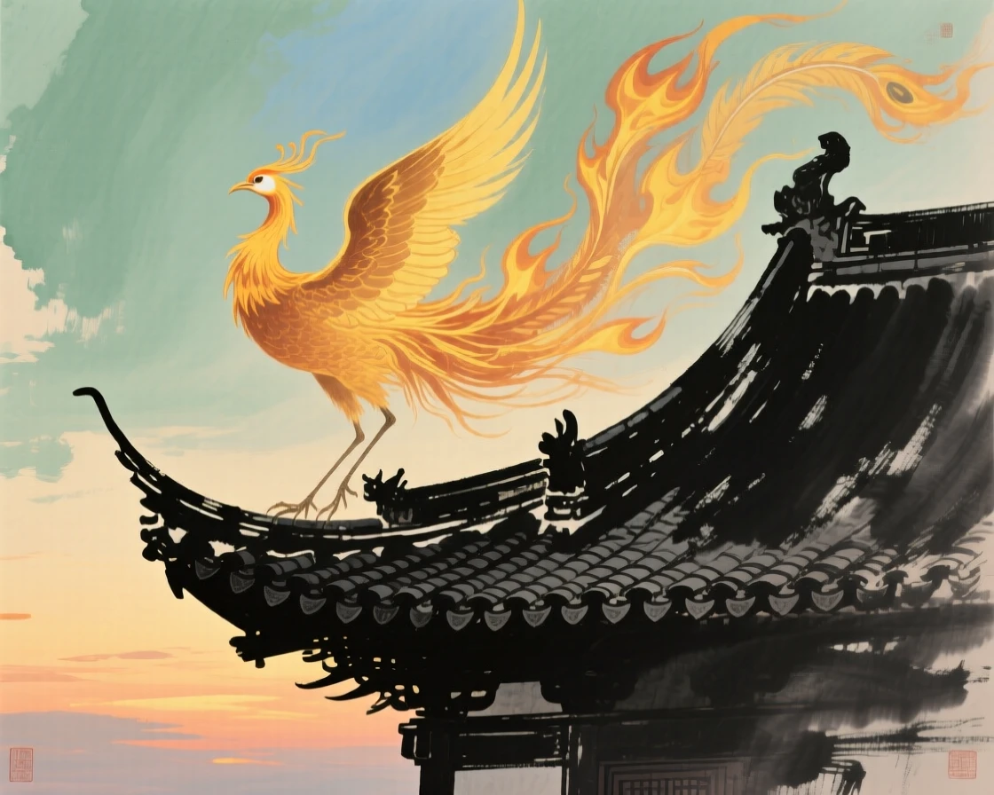 A phoenix rising in flames of golden light above an ancient temple roof, radiating gentle serenity, at dusk.