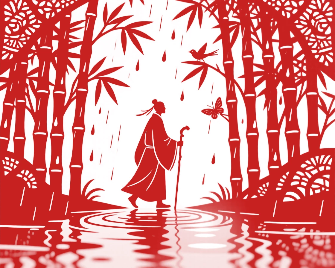 A composition of a solitary traveler through a bamboo grove after rain, the last light of day catching the water's surface.
