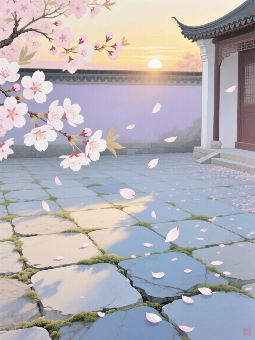 Cherry blossom petals drifting across a quiet stone courtyard in spring, with the first light of dawn touching the horizon