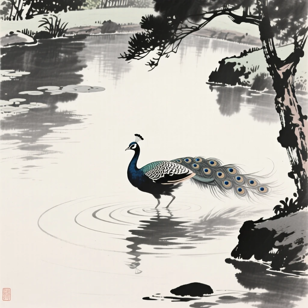 A peacock skimming the surface of a quiet pond over a tranquil garden pond, positioned in one corner, leaving airy negative space, carrying a quiet, poetic stillness.