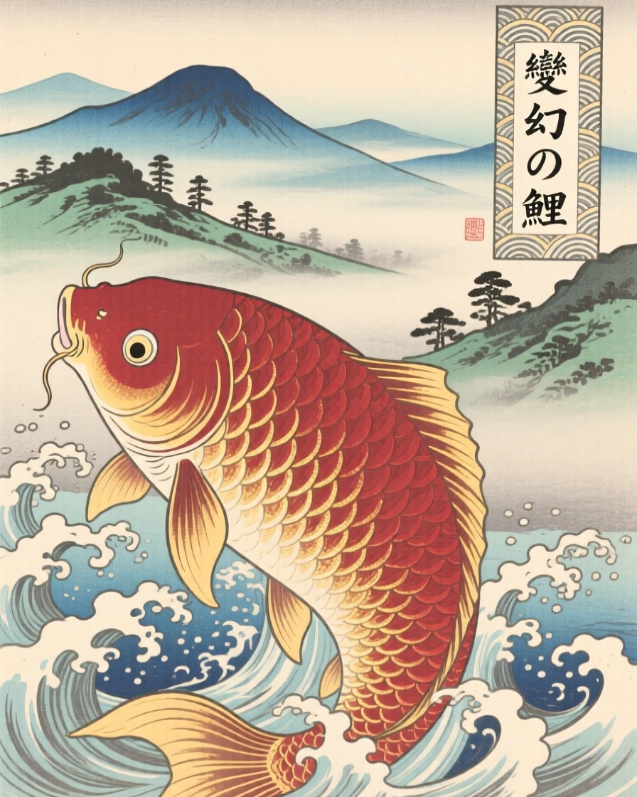 A giant transforming koi overlooking a misty mountain valley.