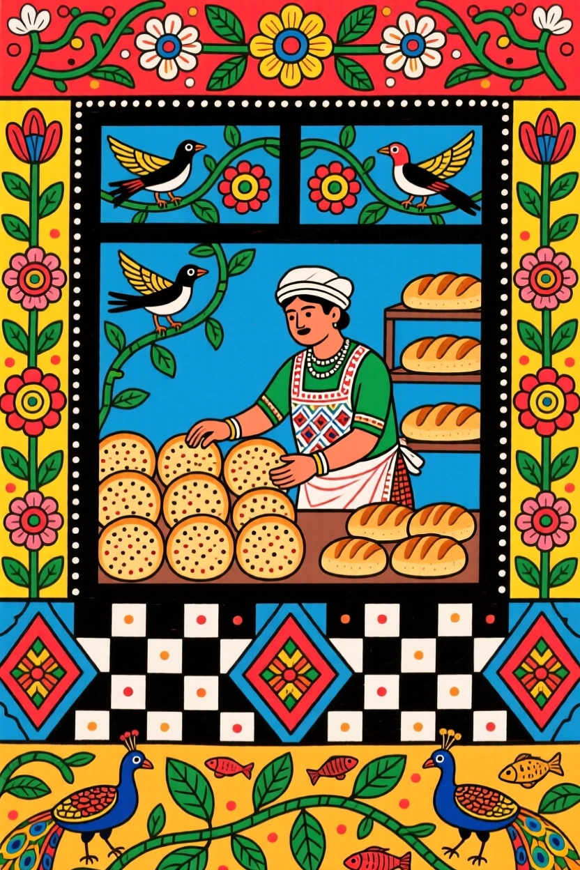 A baker arranging fresh loaves in the window of a village shop.