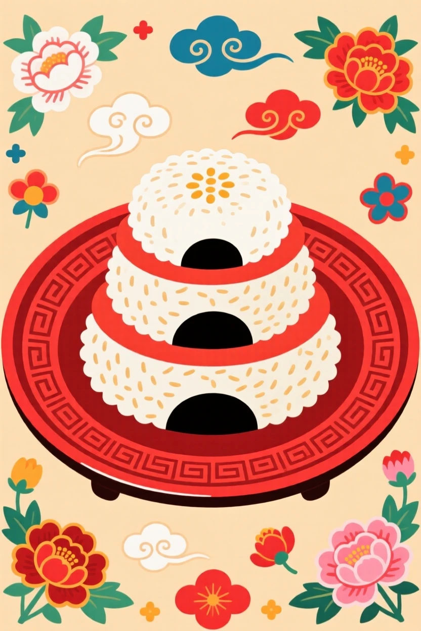 A round rice cake stacked in three tiers on a red tray, symbolizing family unity.
