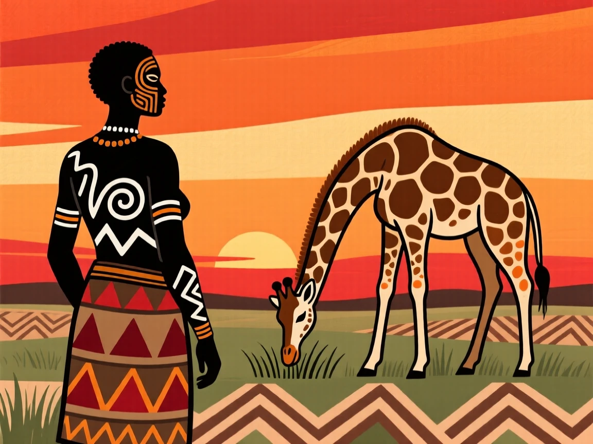 A local herder watching a giraffe graze at sunset.