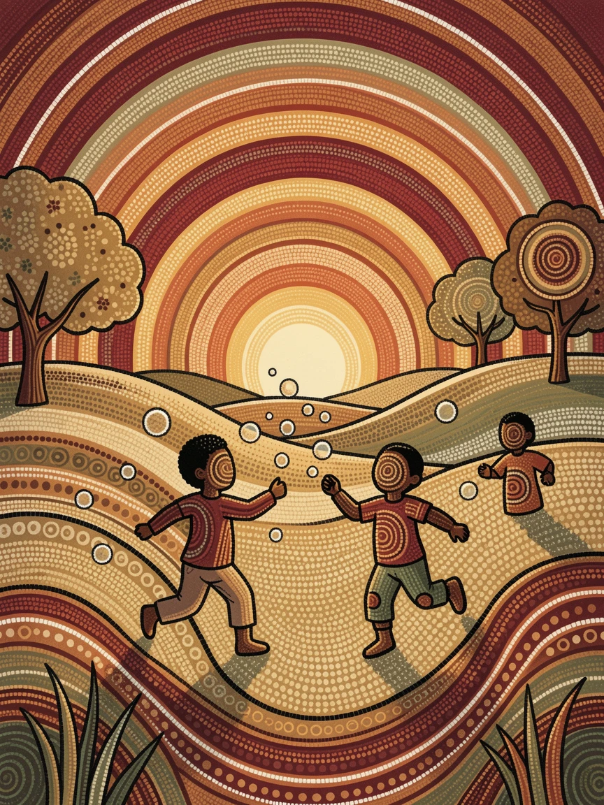 Children chasing bubbles in a sunlit park at sunrise