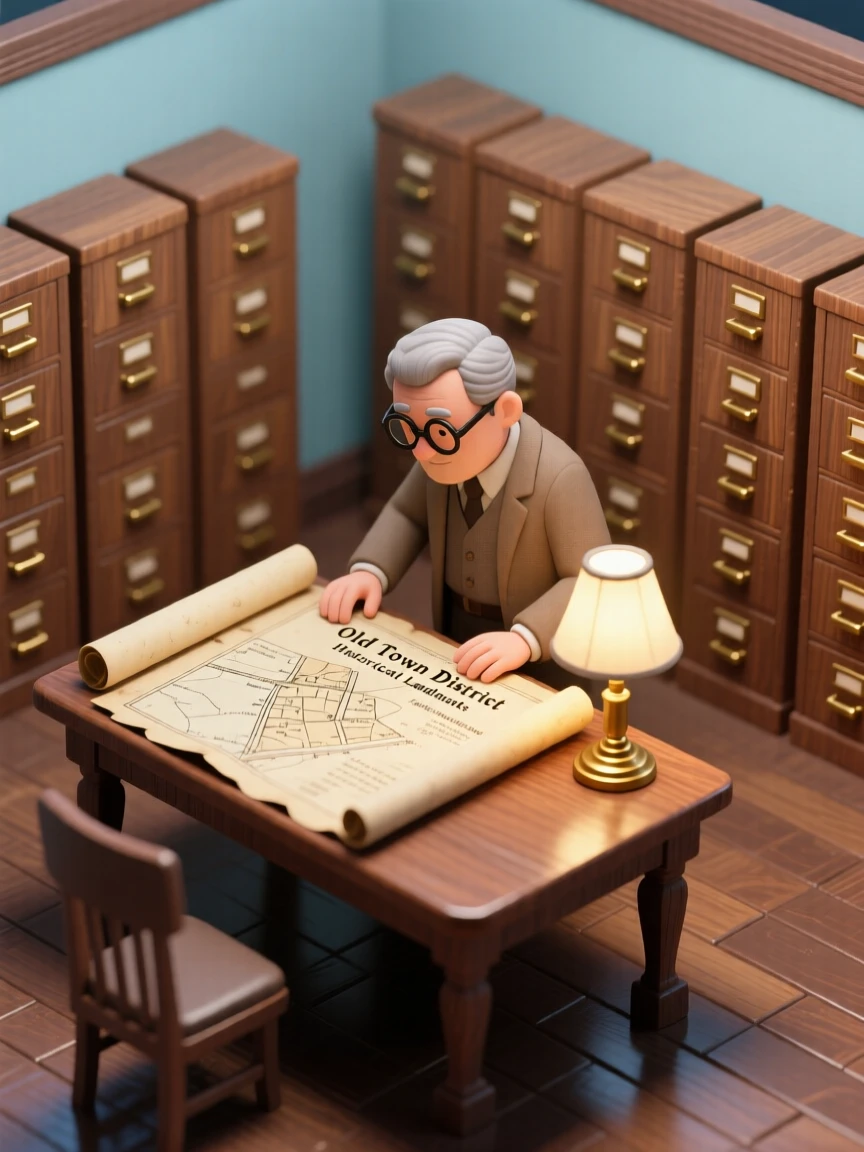 A cozy small-town archive room with rows of filing cabinets, a historian carefully examining an old map by lamplight.