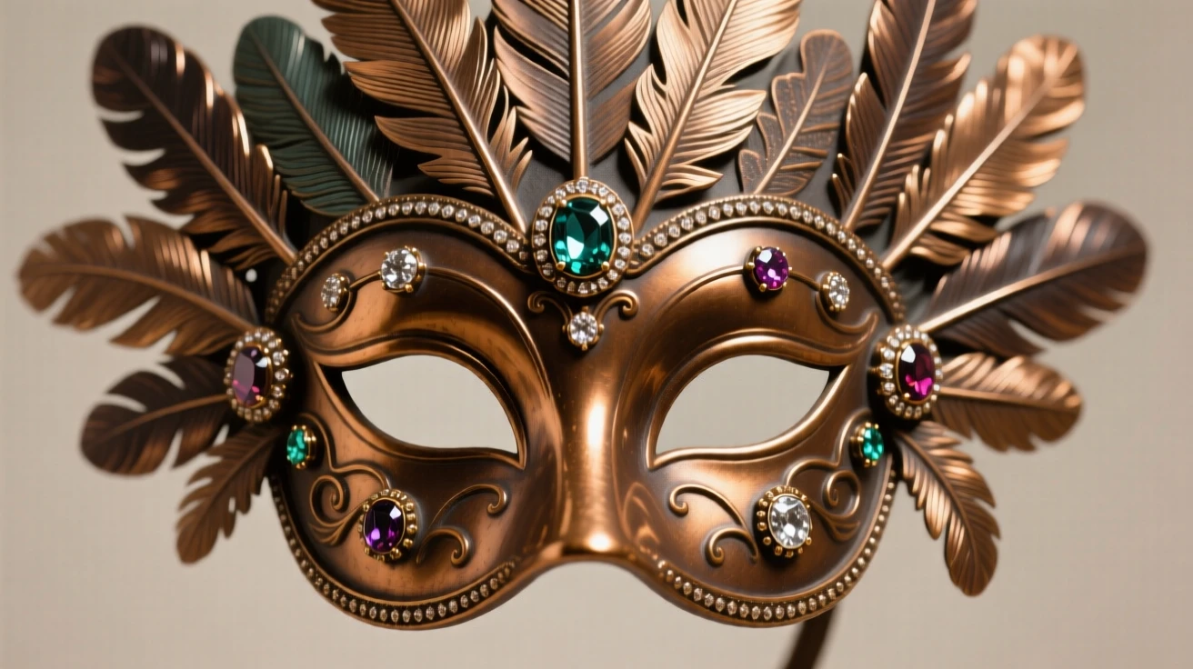 A decorative mask adorned with feathers and gems, catching the light with rich, warm reflections, radiating elegance and refinement