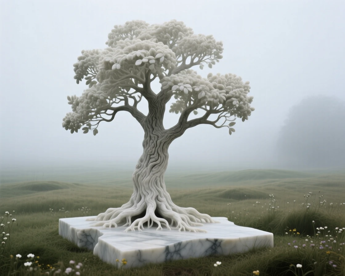 An evocative depiction of a solitary tree standing in a misty field, in a moment of quiet stillness, balancing detail with emotional depth