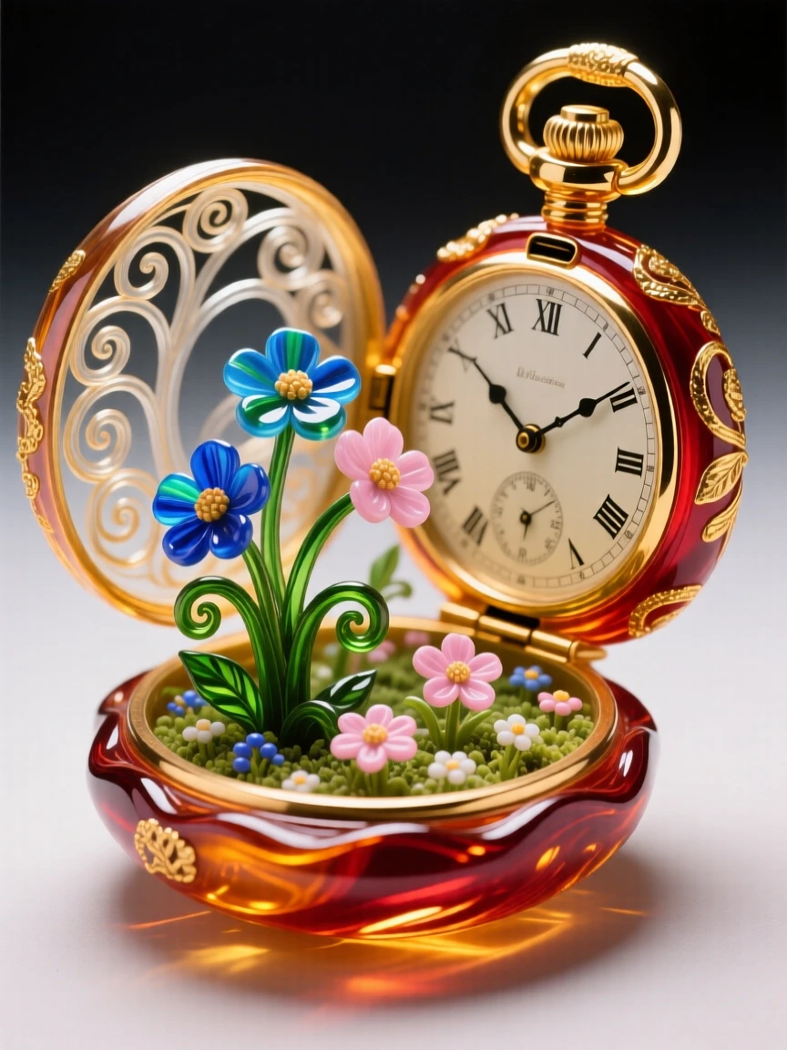 A pocket watch opening to reveal a miniature blooming garden inside, magical and delicate.