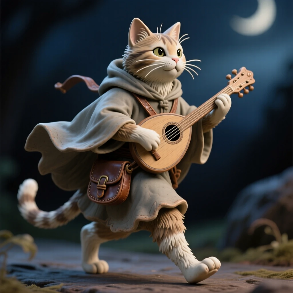 A cat dressed as a wandering musician caught mid-step on a whimsical journey, bathed in the soft glow of a magical evening, radiating coziness and storybook charm.