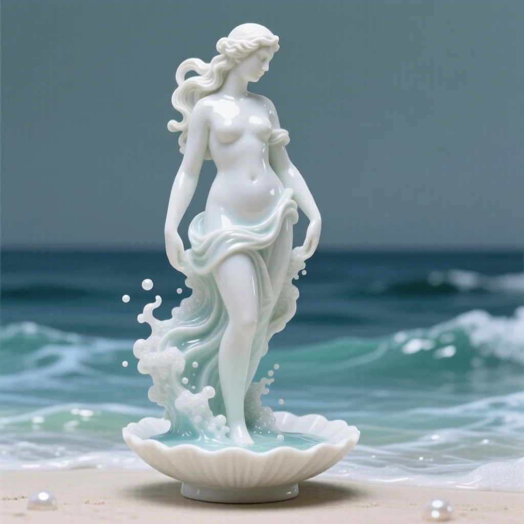 A mythological moment: Aphrodite emerging gracefully from sea foam, rendered with timeless, classical grace.