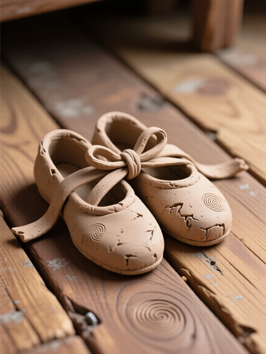 A pair of well-worn ballet slippers tied together on a wooden floor