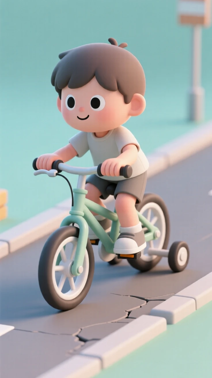 A determined child pedals furiously downhill on a bicycle, training wheels barely touching the pavement.