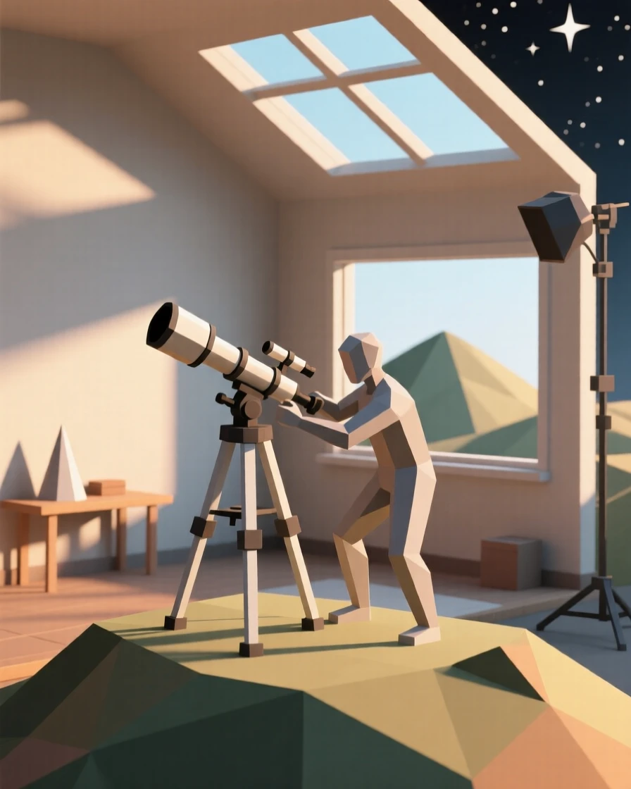 A stargazer setting up a telescope on a hilltop, in a cozy sunlit studio. dynamic motion is captured with a clear sense of energy. The mood feels adventurous and free.