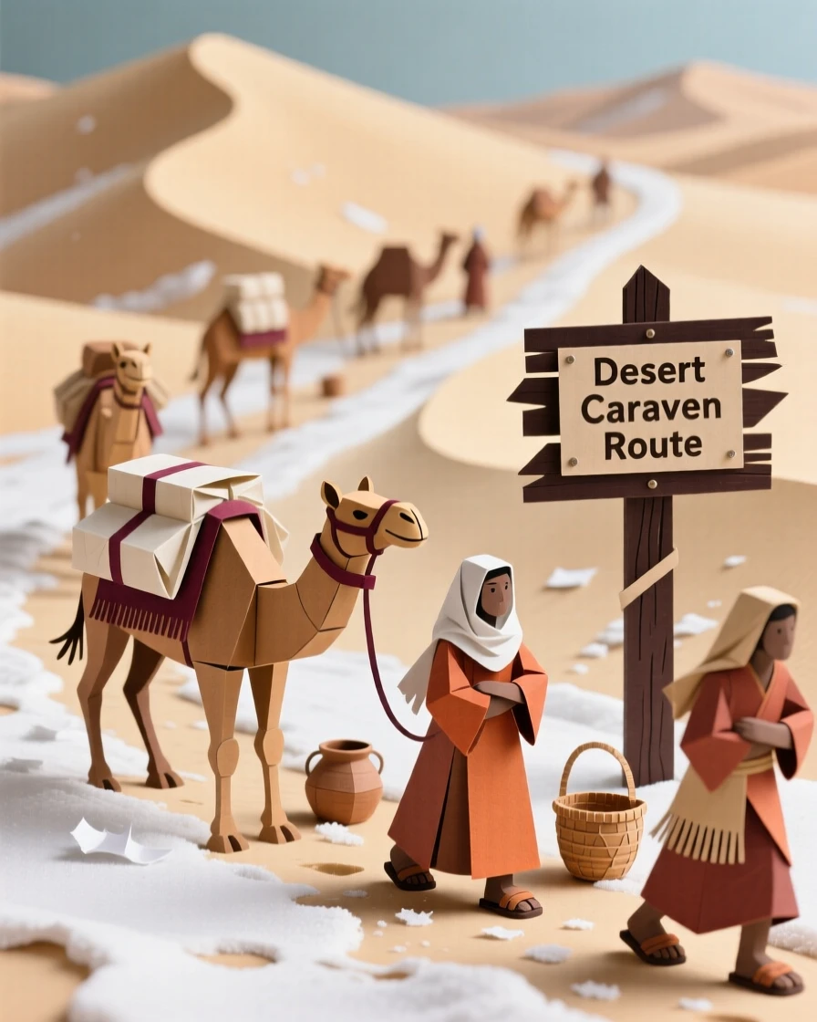 A desert caravan route among towering dunes dusted lightly with fresh snow, with locals going about daily life, evoking quiet, timeless beauty.