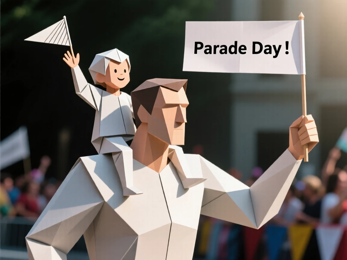 A child riding on their parent's shoulders at a parade, waving a small flag.