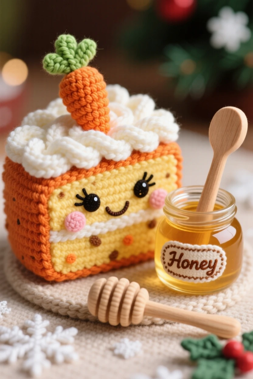 a happy slice of carrot cake, topped with cream cheese frosting, is shown decorated with a small fondant carrot on a festive holiday dessert table beside a small jar of honey with a wooden dipper, capturing a cozy sense of shared treats.