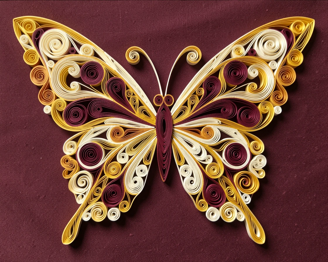 a symmetrical butterfly pattern with mirrored wings, presented on a rich burgundy fabric backdrop, balanced with mirrored symmetry on both sides, in shades of gold, ivory, and deep burgundy.