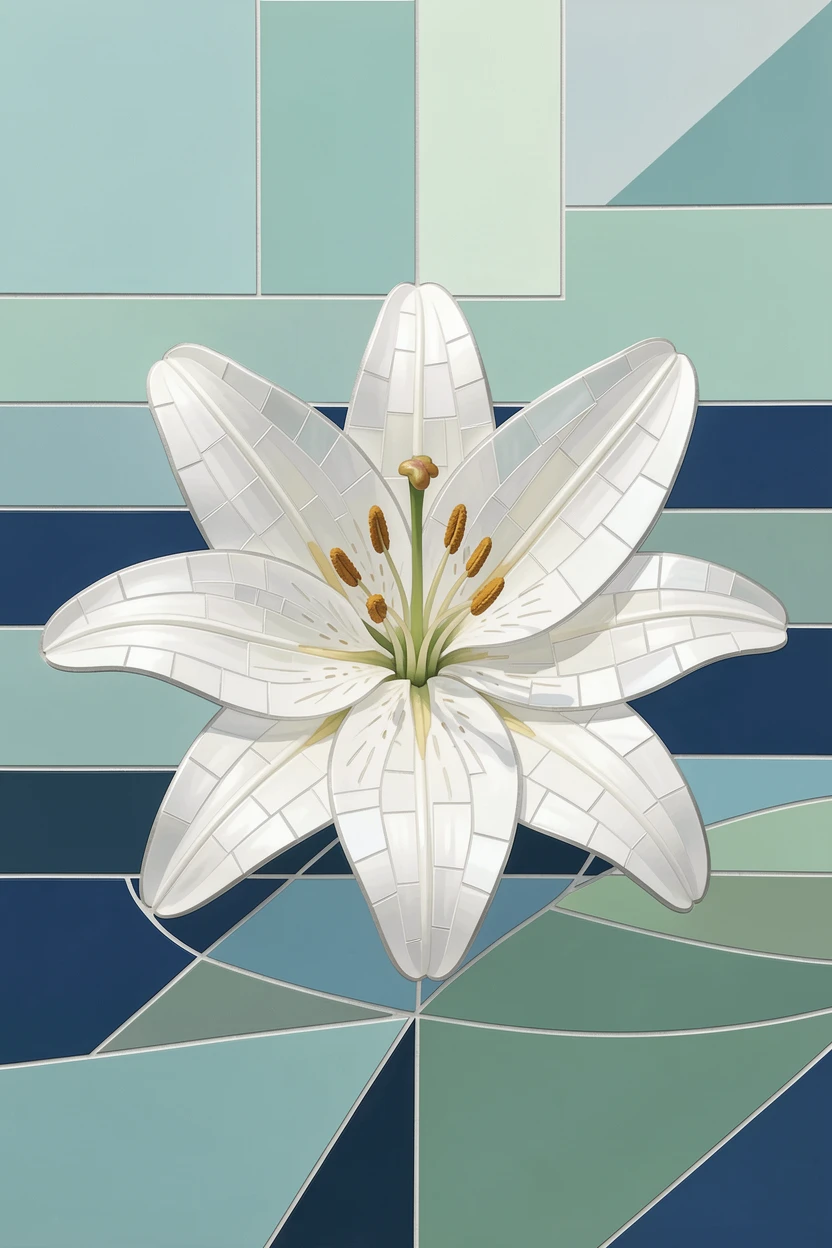A close-up macro view of a single perfect white lily floating on a still pond, showing intricate petal texture and delicate detail.