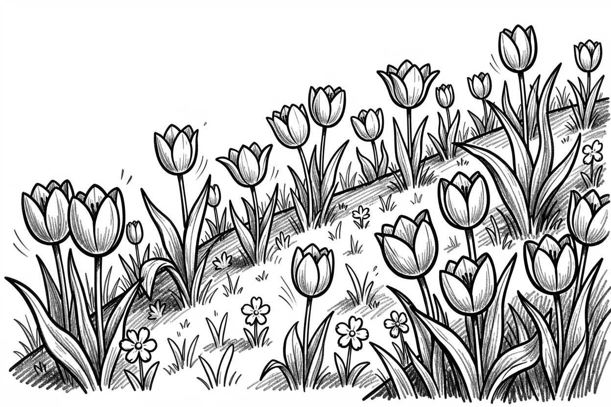 A garden full of blooming spring tulips on a hillside covered in wildflowers.