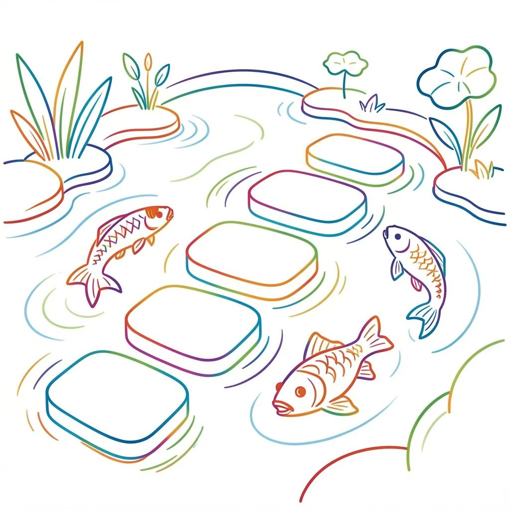 A pathway of stepping stones crossing a koi pond in a Japanese garden.