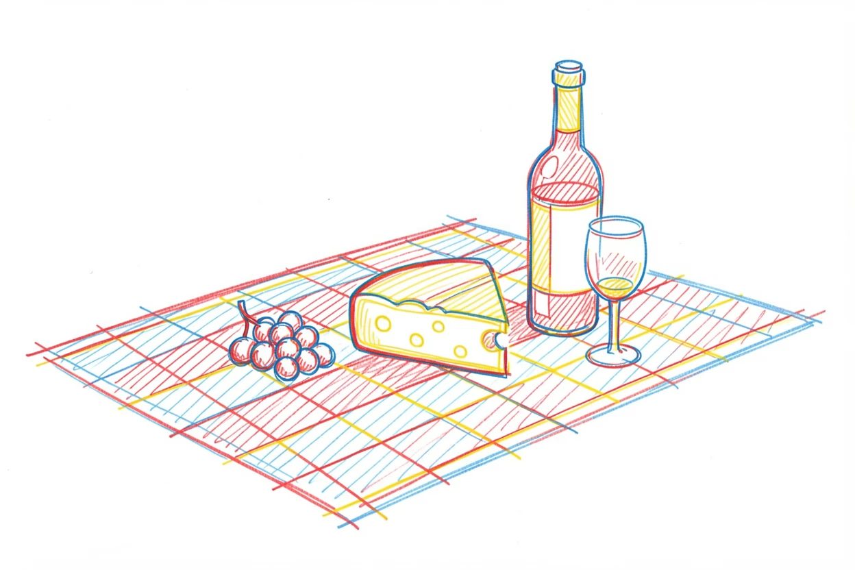 A picnic spread of cheese, grapes, and wine on a checkered blanket
