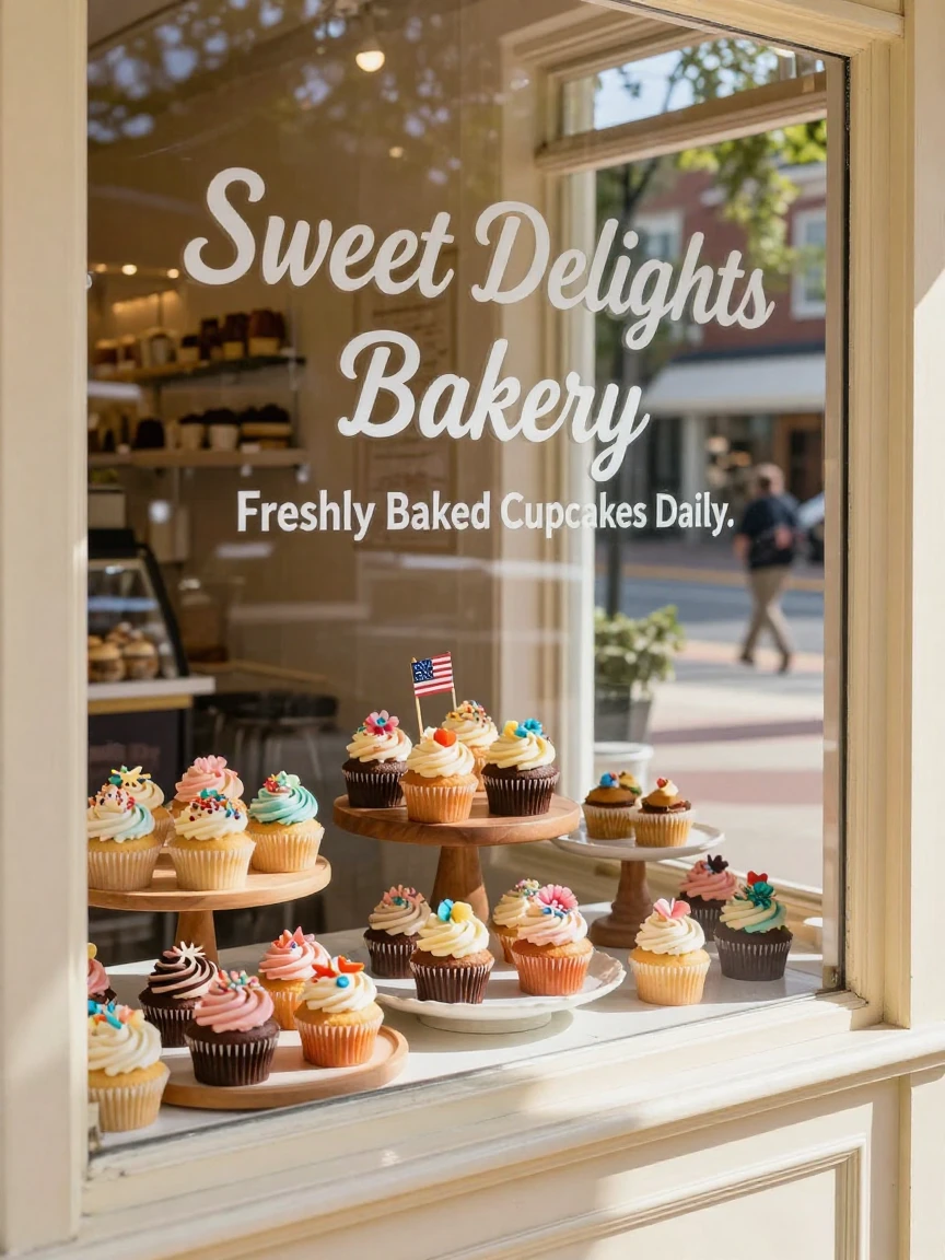 A local bakery window display of decorated cupcakes