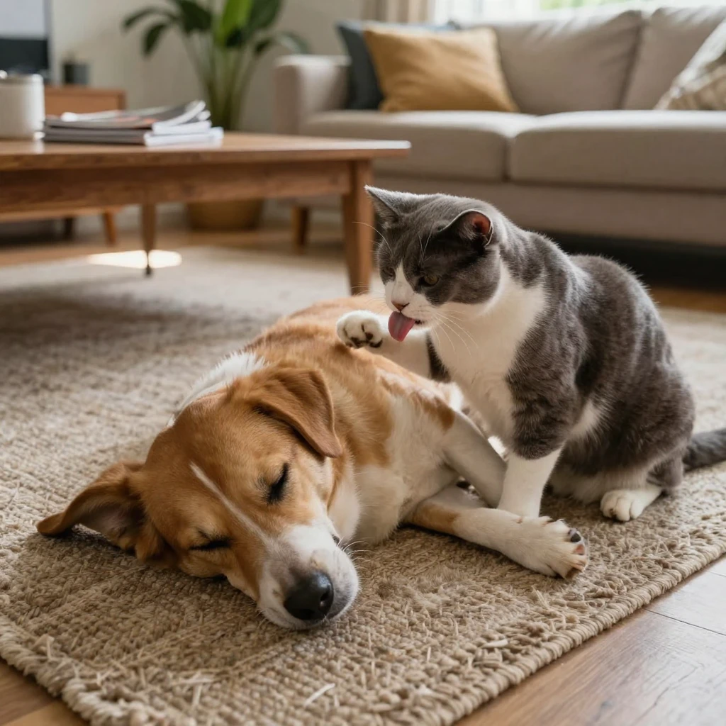 A cat grooms a patient dog's ears while they nap together on a rug.