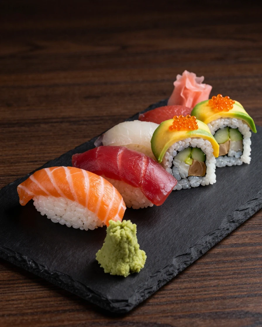 A colorful sushi platter arranged elegantly on a black slate board