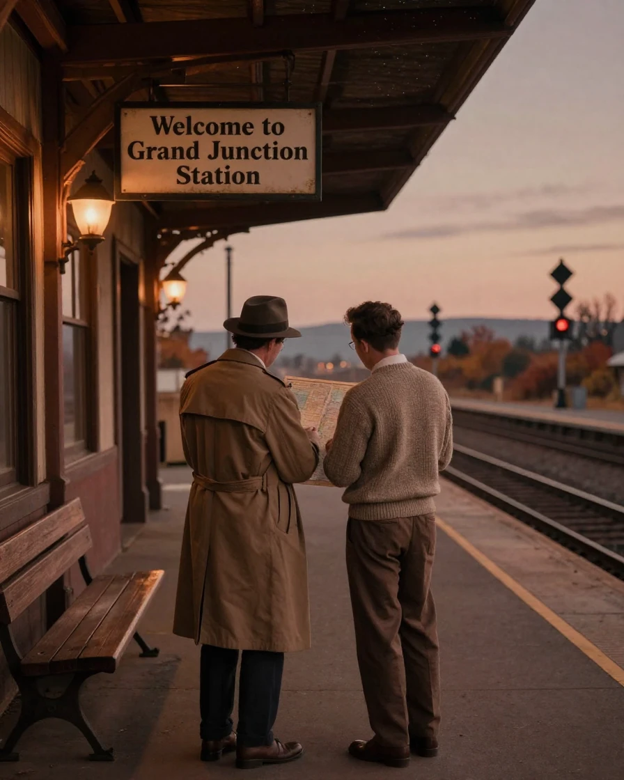 Two travelers studying a map together at a train station, under a canopy of stars, in still, windless air, in late autumn, in earthy terracotta and ochre shades, from behind, looking toward the horizon.