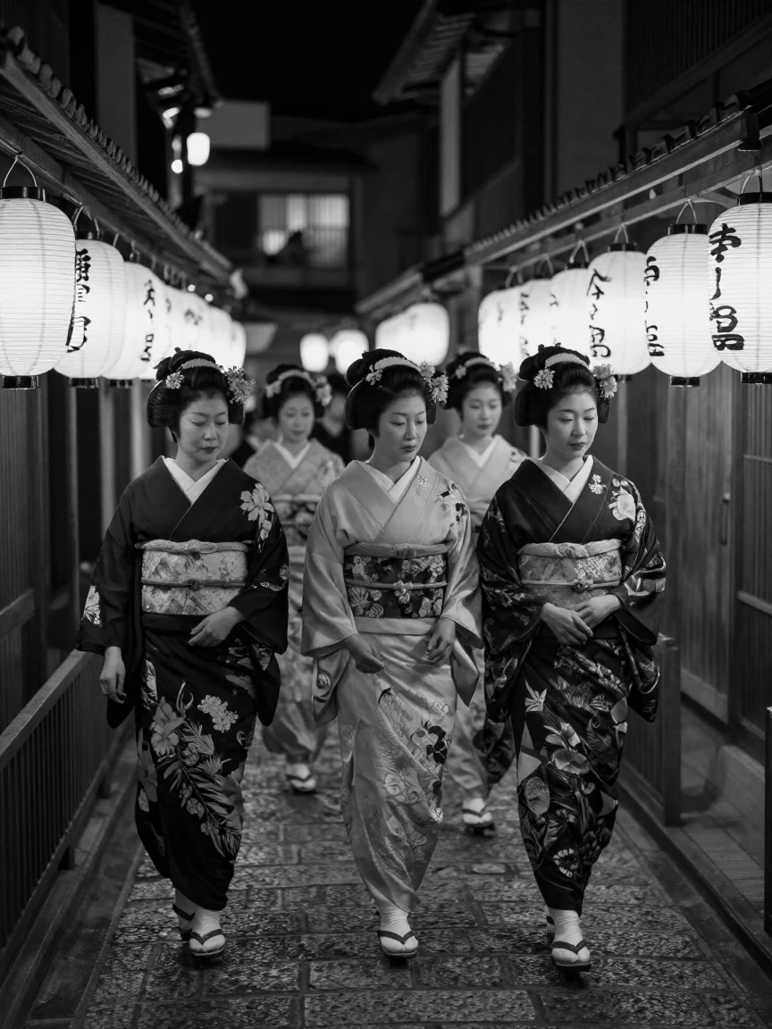 A group of geisha walk gracefully through a paper-lantern street along a narrow lantern-lit alley.