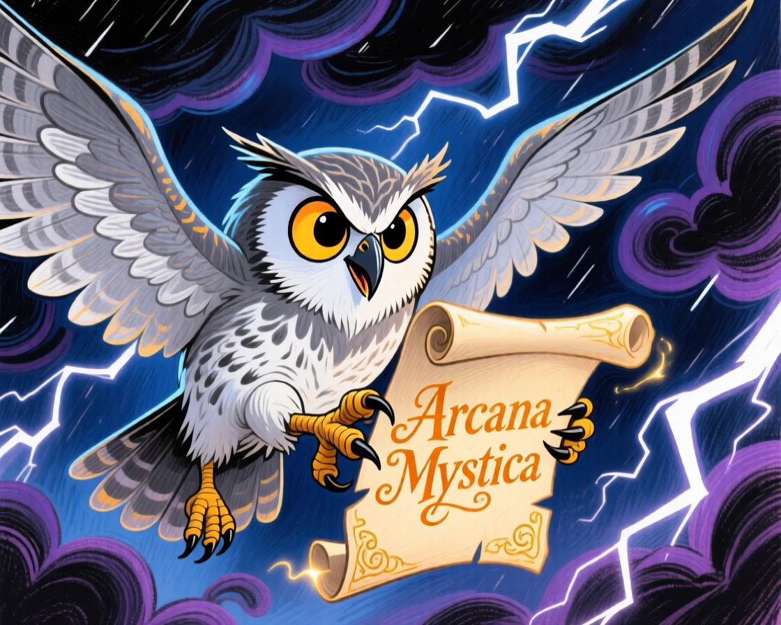A wizard's owl familiar delivering an enchanted scroll through a stormy night sky.