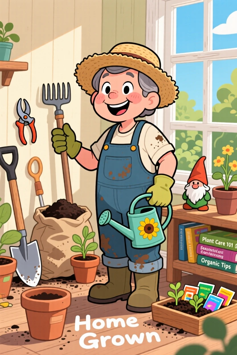 An everyday-life snapshot of a devoted gardener, surrounded by all the tools of their craft, as soft light streams through a nearby window.