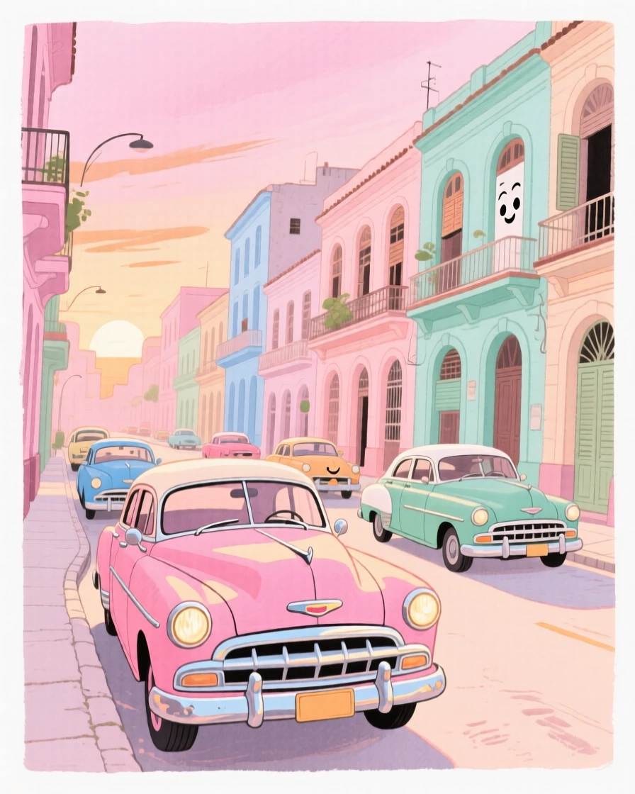 A dreamy travel postcard scene of the streets of Havana lined with vintage cars at soft pink dawn