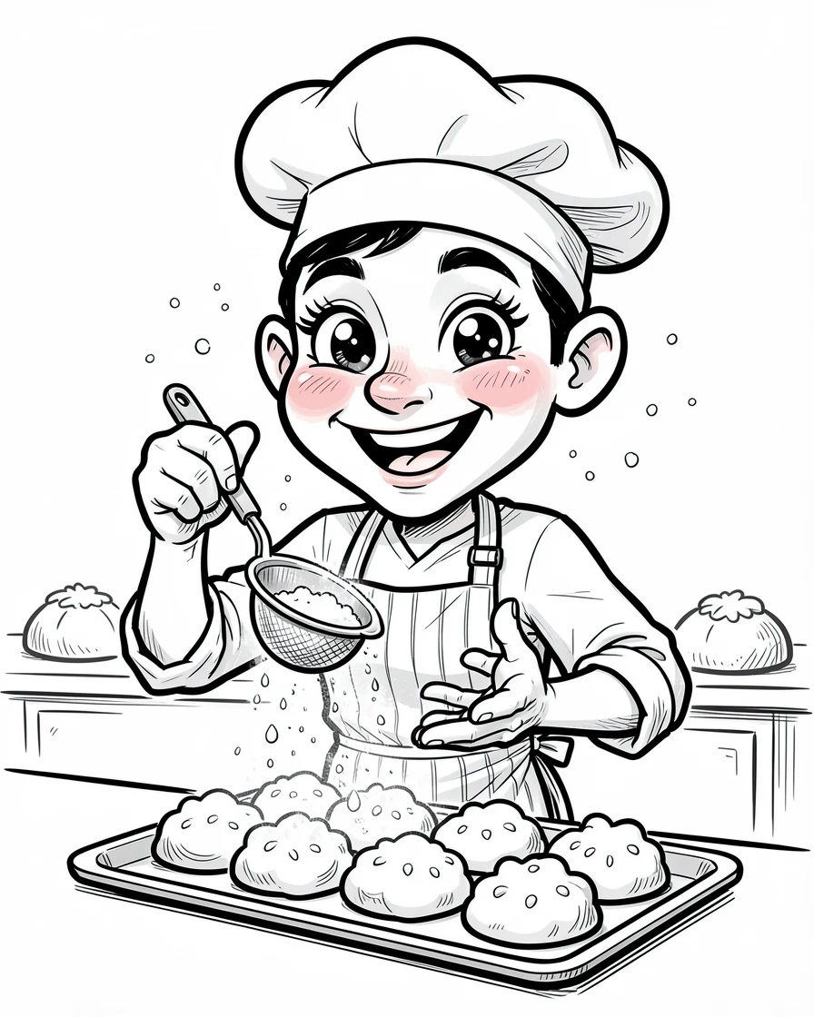 [Trending & Universal Topics] Modern lifestyle scene of a baker dusting powdered sugar over a fresh batch of pastries, capturing everyday joy