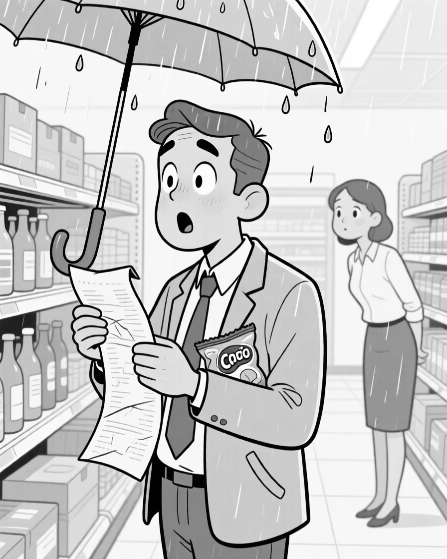 A office worker hiding a snack from a nosy coworker, gasping and clutching the receipt like a horror prop, set in a bright grocery aisle. Raindrops drip steadily from a bent umbrella rib. There's a warm, self-deprecating humor to the moment.