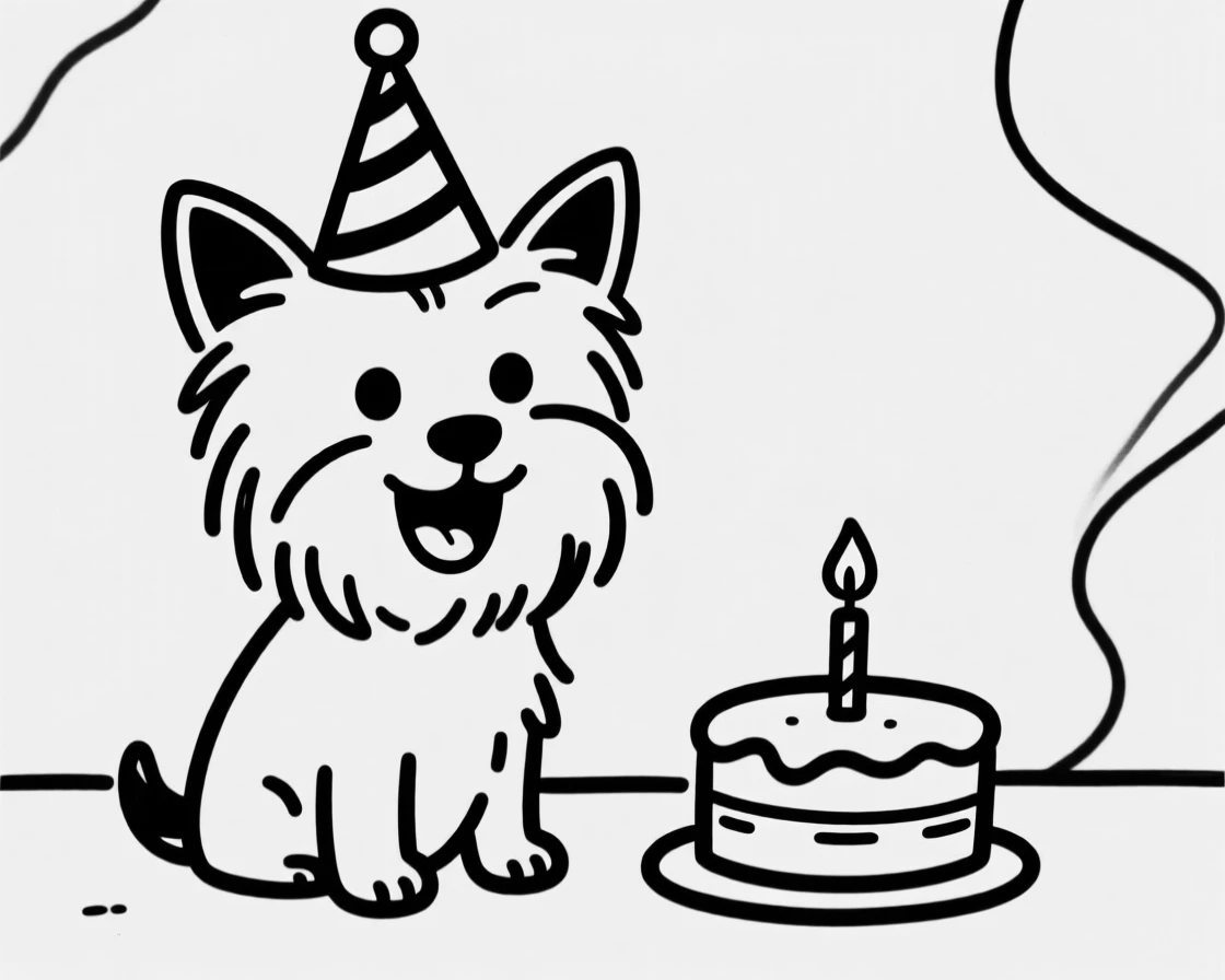 A yorkie wearing a party hat at its own birthday party with a tiny cake.