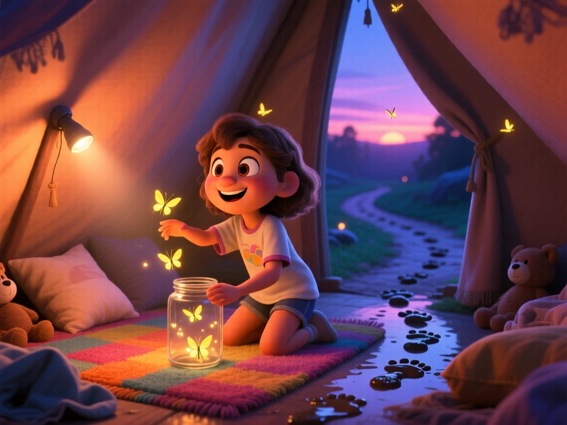 A girl catching fireflies in a jar at dusk takes place inside a blanket fort glowing with a flashlight, with a trail of muddy footprints leading away. The atmosphere feels fun, spirited, and full of laughter.