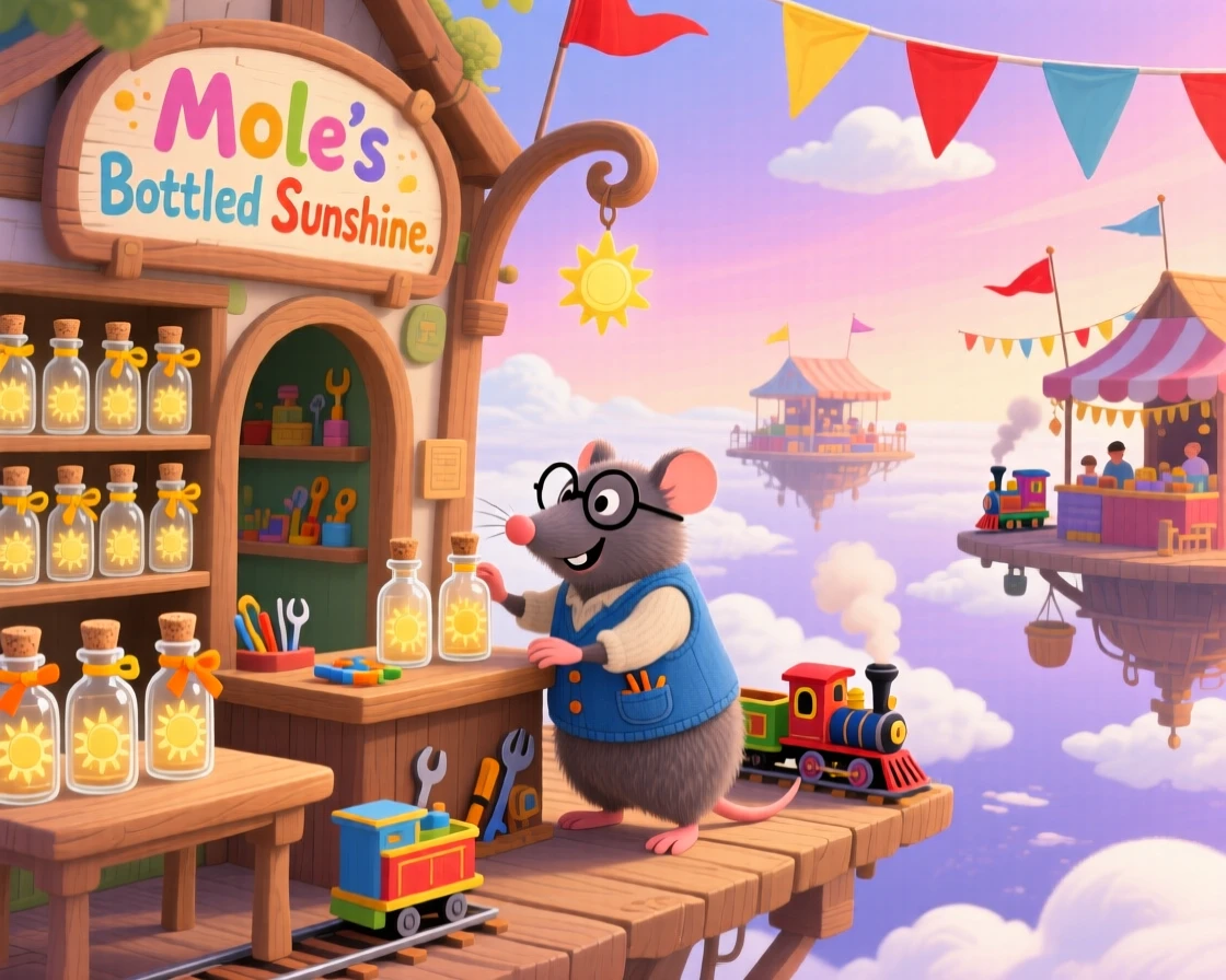 A mole who builds tiny trains is keeping a shop that sells bottled sunshine in a floating market above the clouds, with tiny flags fluttering in a light breeze.