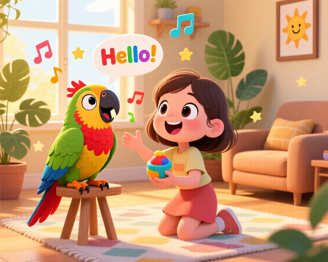 A girl teaching her parrot to say its first word.
