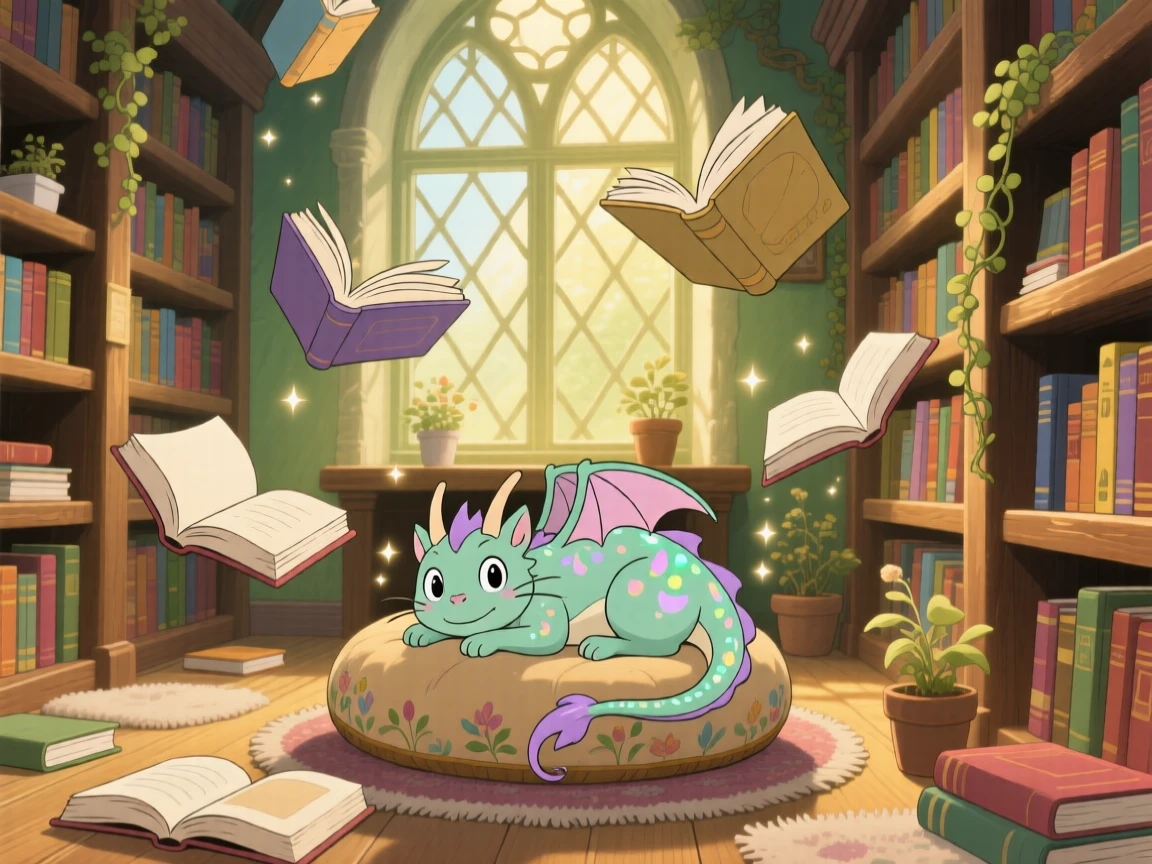 A library where books float open on their own, where a small dragon curled up like a cat can be seen nearby, the atmosphere whimsical and joyful.