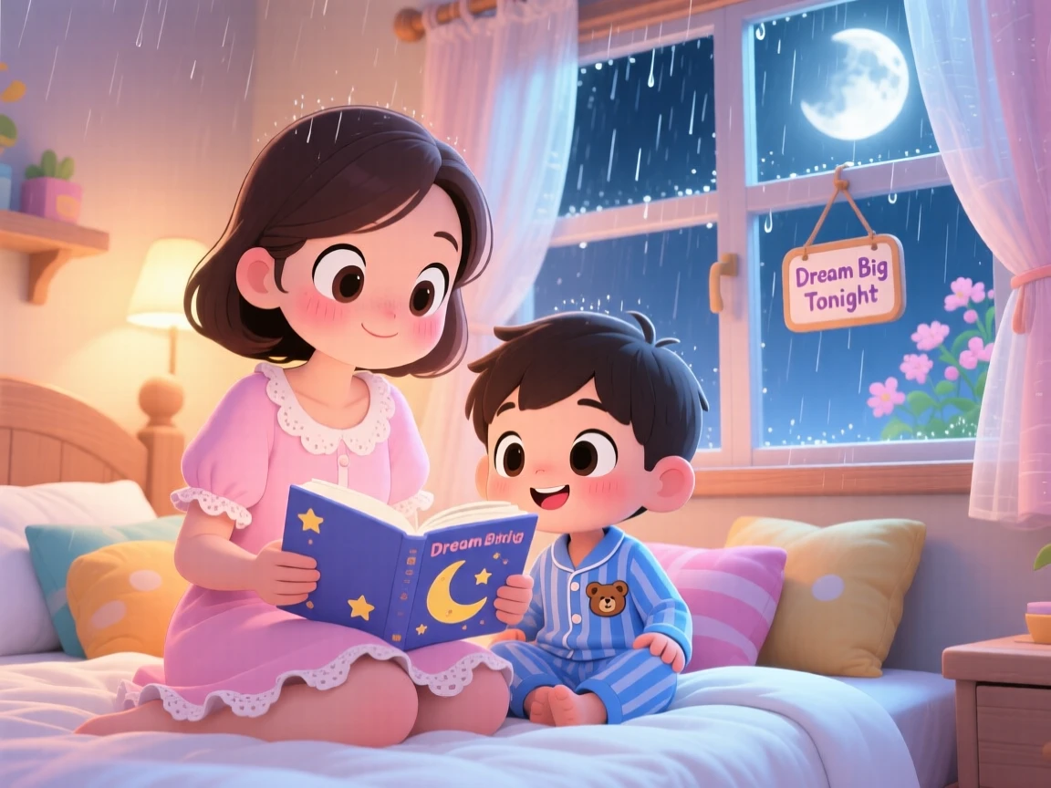 Low-angle shot looking up: a mother and son, reading a bedtime story together, set against a softly lit bedroom during a gentle spring rain shower, with soft moonlight and a mood of playful mischief.