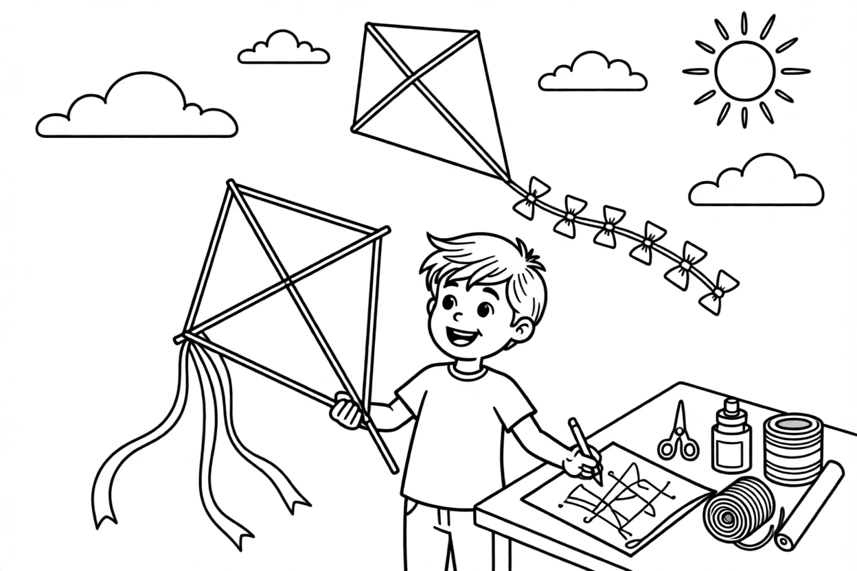 A young inventor designing a kite that flies extra high