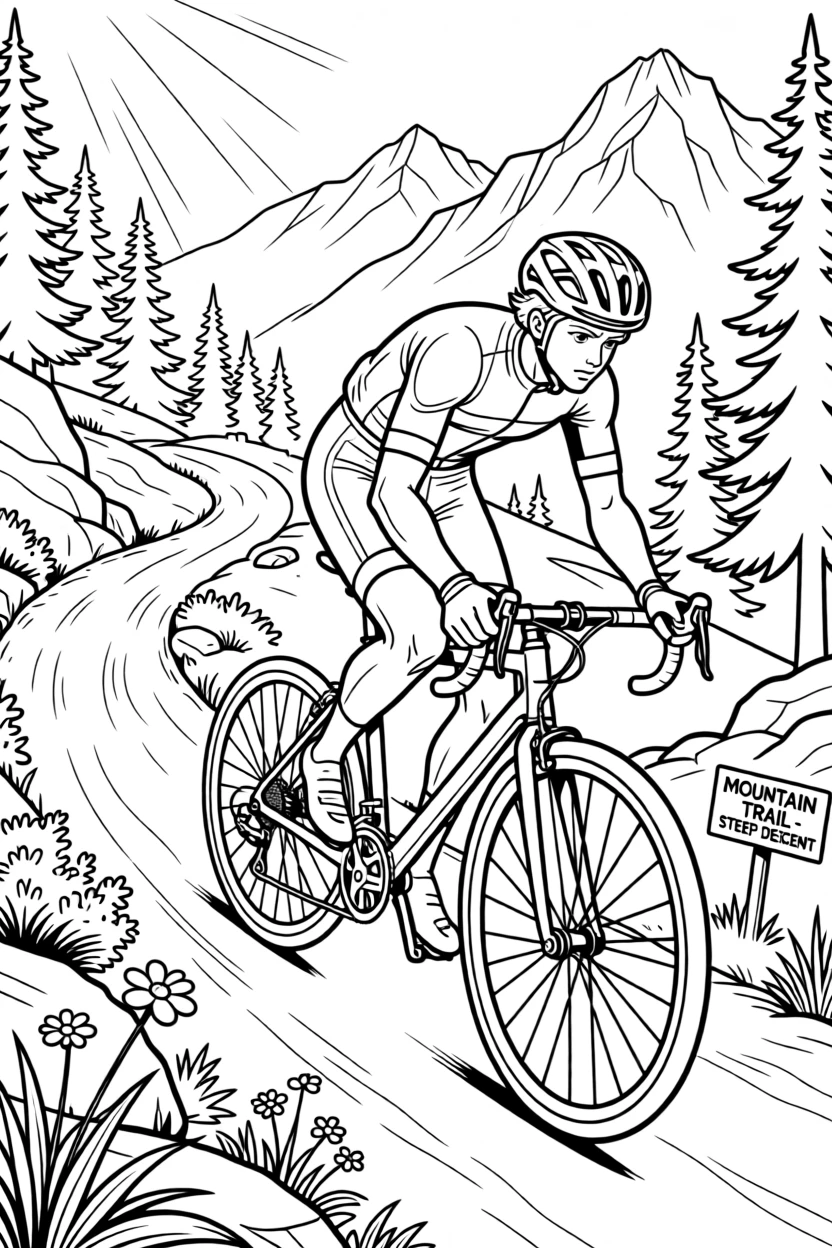 A cyclist racing downhill on a mountain trail, with dramatic lighting highlighting the action.