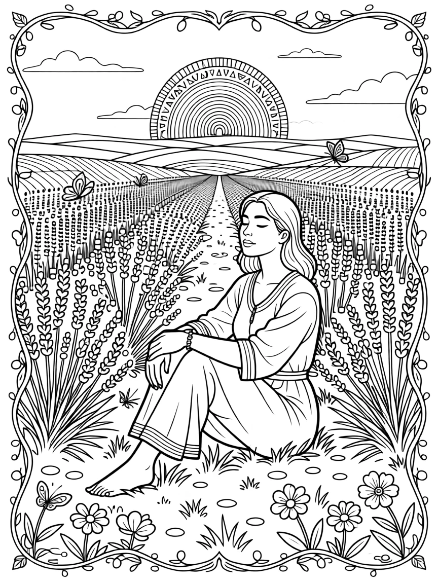 A woman meditating in a field of lavender at golden hour.