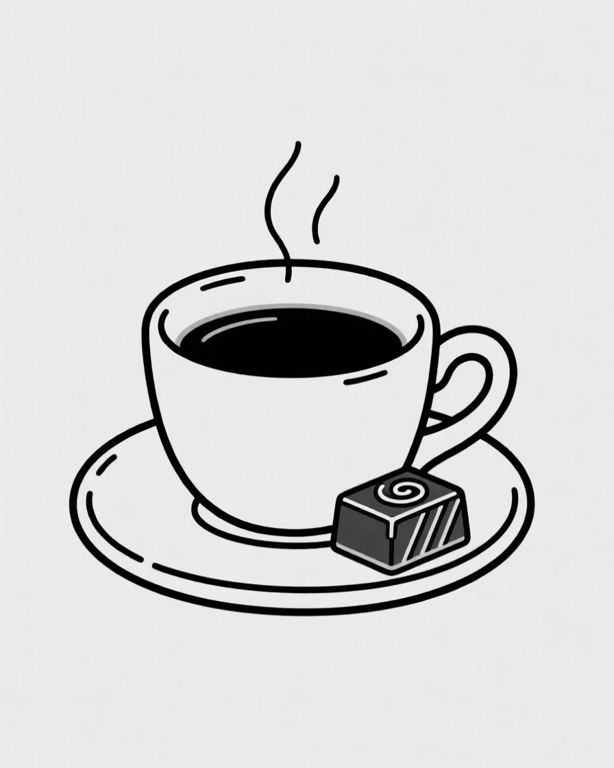A cup of espresso beside a small chocolate treat