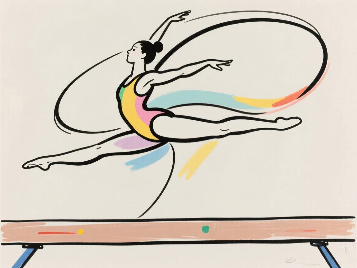 A gymnast performing a graceful pose on a balance beam.