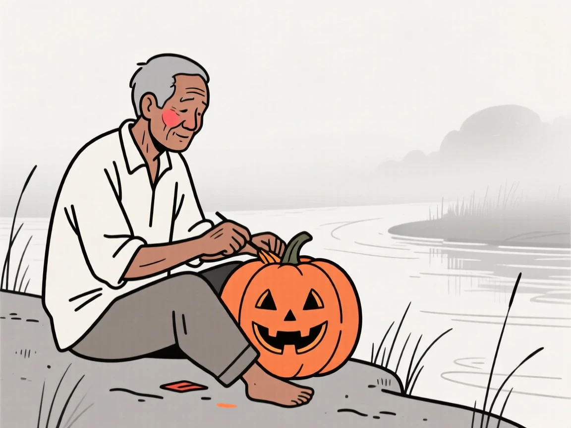 An elderly man of Filipino heritage carving a pumpkin for Halloween, on a misty riverbank.