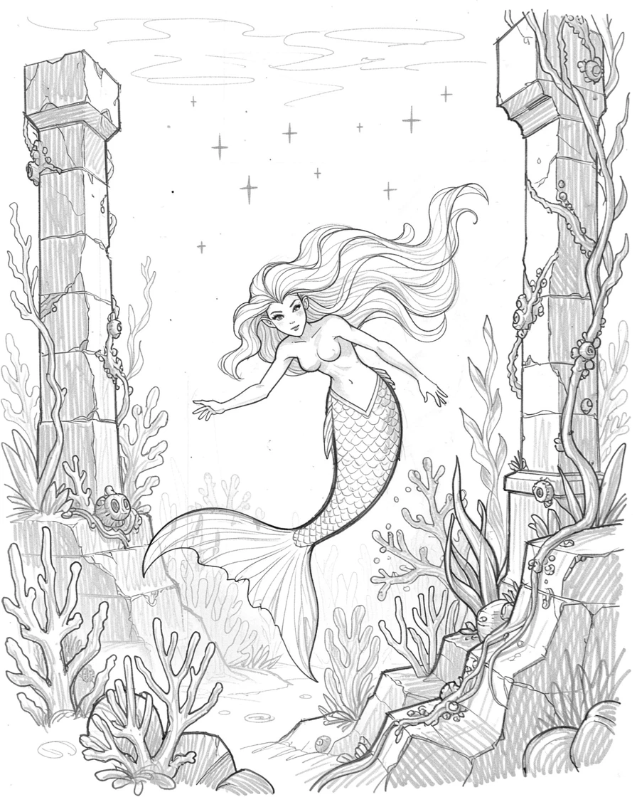 An epic fantasy scene of a mermaid gliding through a bioluminescent reef amid ancient ruins overtaken by nature, with stars reflected in still water.